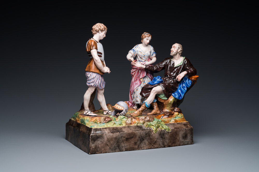 A large French polychrome pottery group showing the story of Belisarius, Niderviller, 18th C.