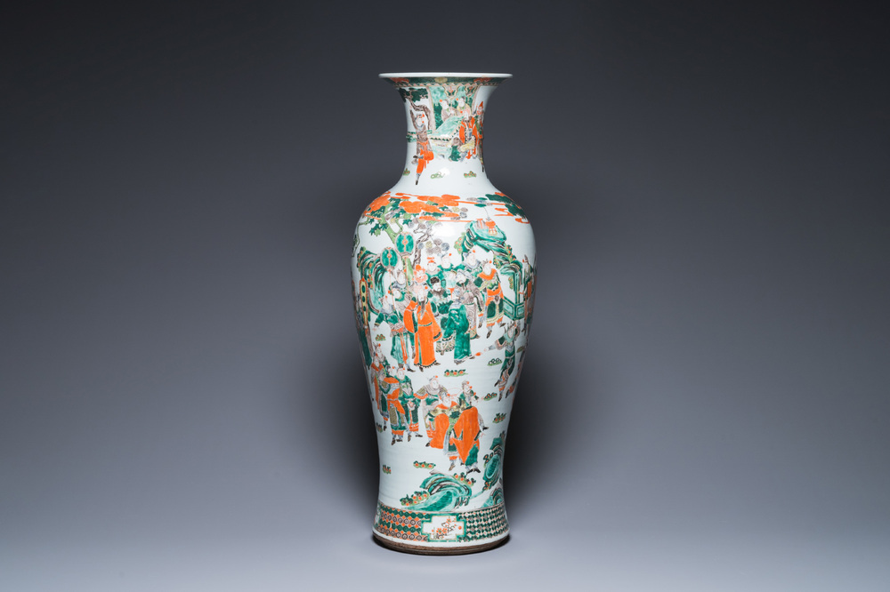 A large Chinese famille verte vase with narrative design, Kangxi mark, 19th C.