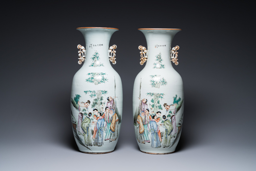 A pair of Chinese famille rose vases, signed Yu Yongfeng 余永豐, dated 1922