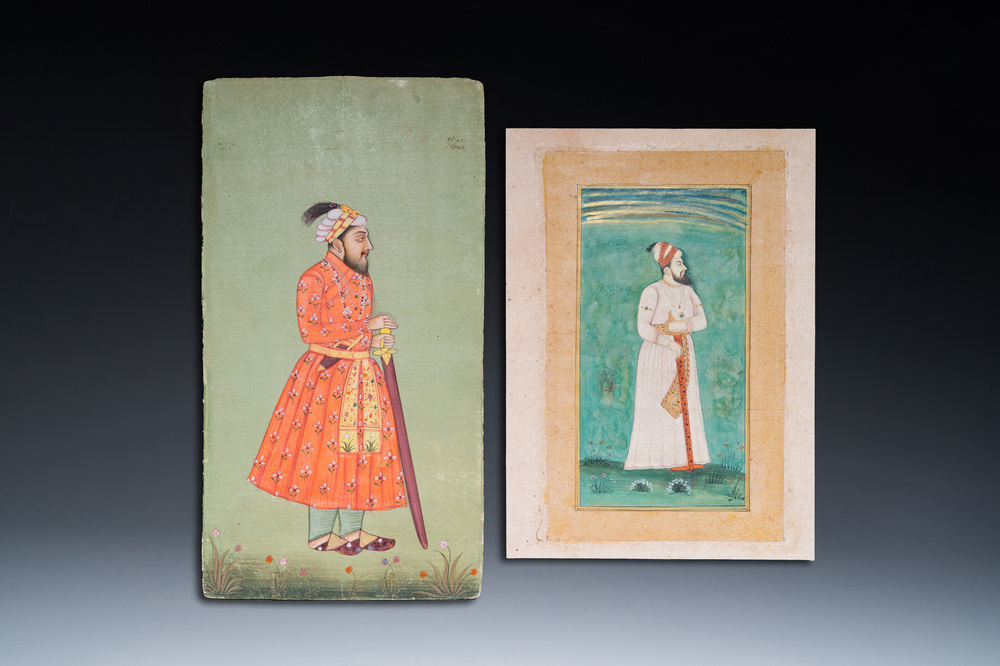 Ecole indienne, deux miniatures: 'Portrait de l'empereur moghol Farrukhsiyar' et 'Portrait d'un souverain', 19&egrave;me