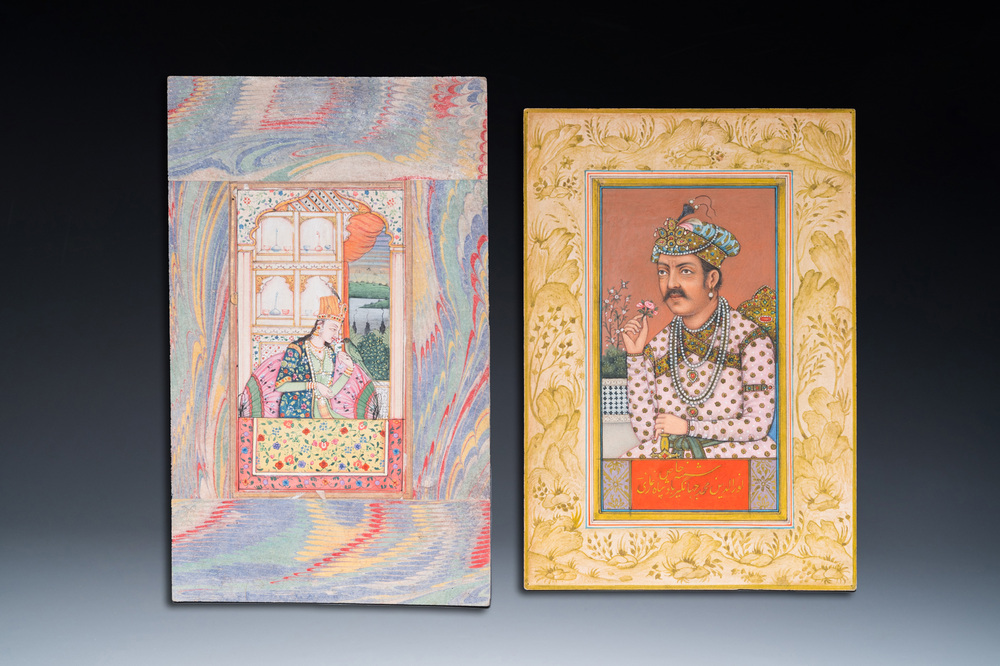Ecole indienne, deux miniatures: 'Portrait d'Akbar le Grand, le troisi&egrave;me empereur moghol' et 'Portrait d'une princesse', 19&egrave;me