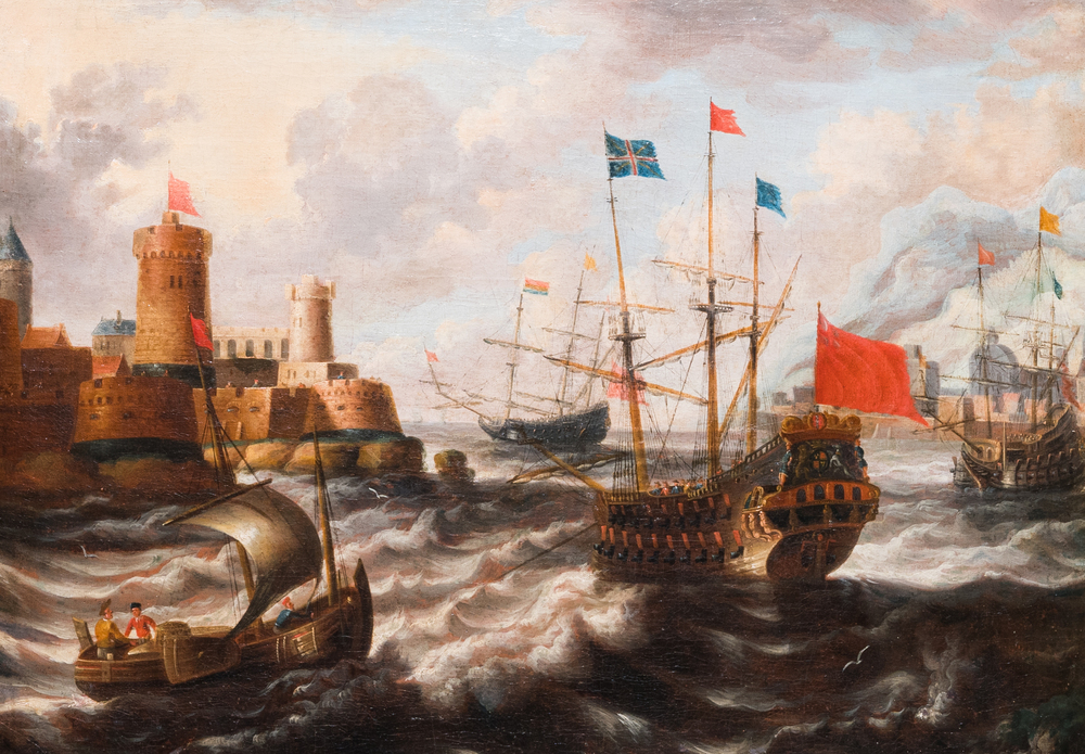 Peter van den Velde (1634-1723/1724, attr. &agrave;): 'Vue d'un port avec quatre navires en mer', huile sur toile