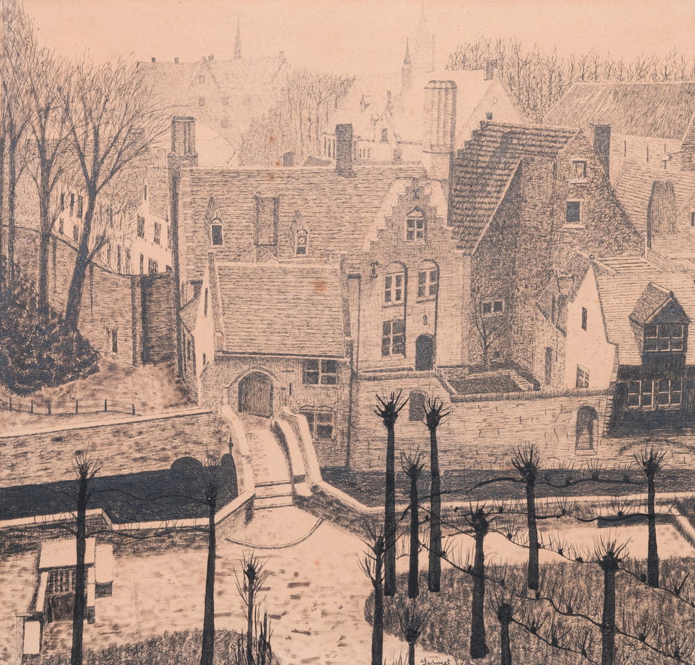 L&eacute;on De Smet (1881 &ndash; 1966): 'Zicht op de Bonifaciusbrug in Brugge', inkt en potlood op papier