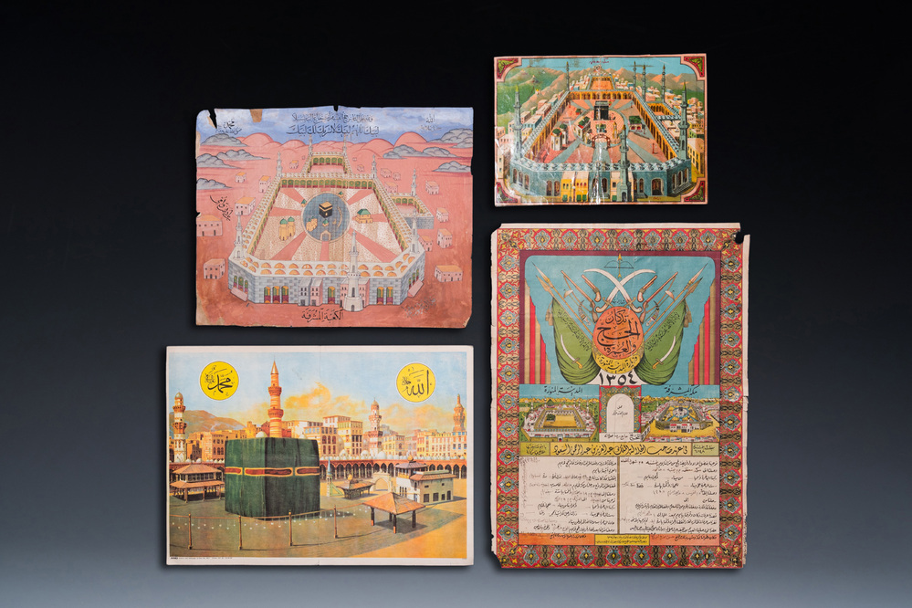 Perzische school: Een miniatuur en drie drukwerken met zicht op de Ka&auml;ba, 20e eeuw