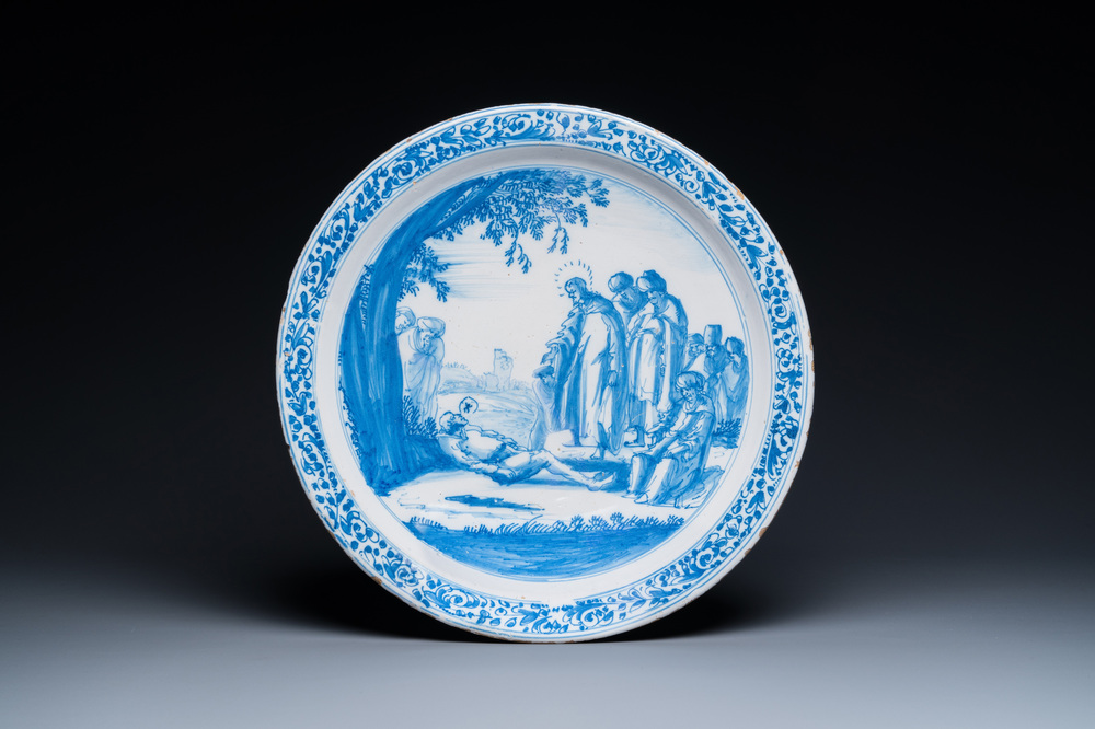 A fine Dutch Delft blue and white biblical subject dish, 3rd quarter 17th C.