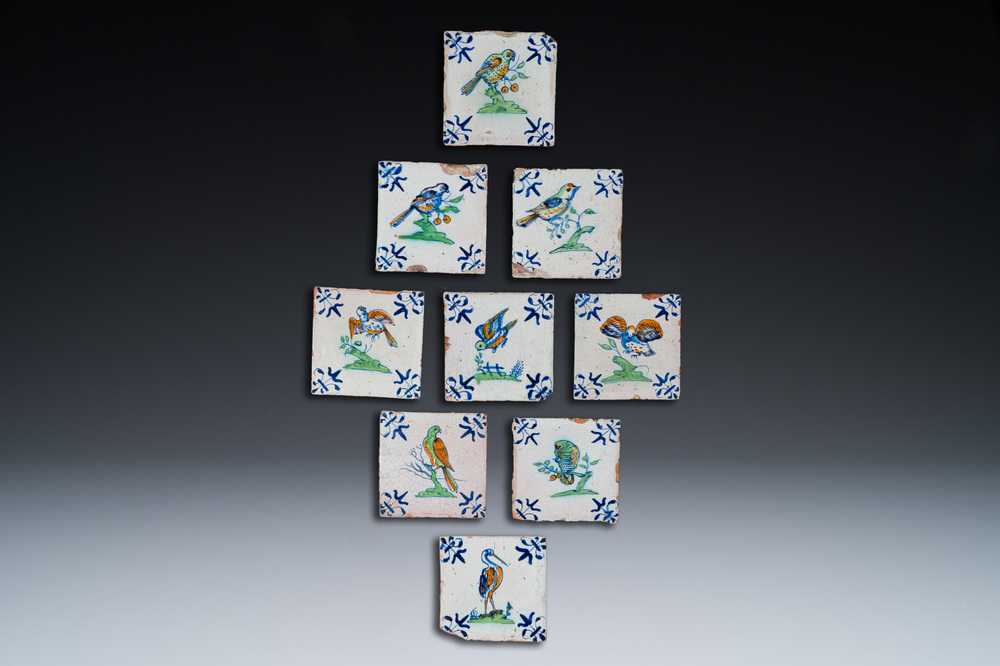 Nine polychrome Dutch Delft 'bird' tiles, 17th C.
