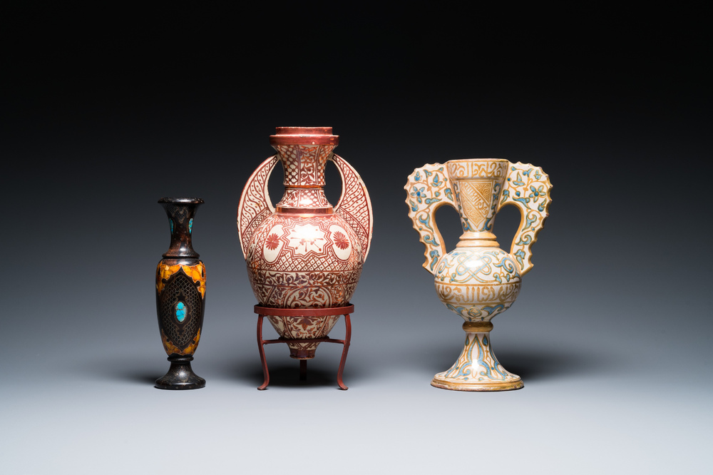 Two Hispano-Moresque lustre-glazed 'Alhambra' vases and a stone 