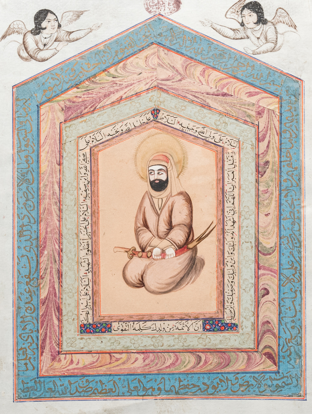 Ecole qajare, miniature: 'L'Imam Ali', entour&eacute; de calligraphie