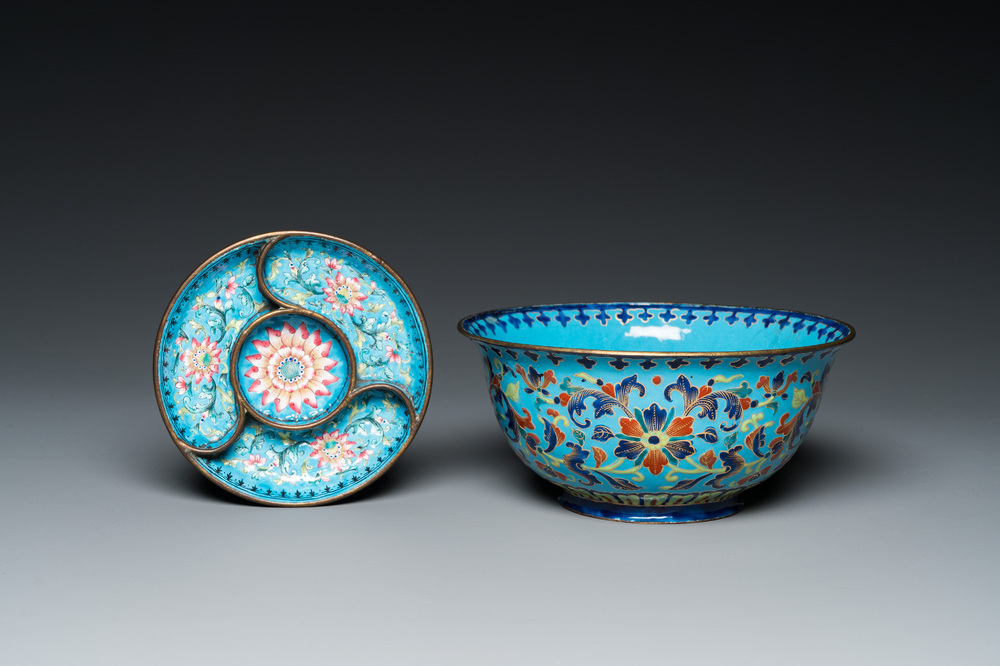 A Chinese Canton enamel 'lotus' spice dish and a floral bowl, Qianlong/Jiaqing