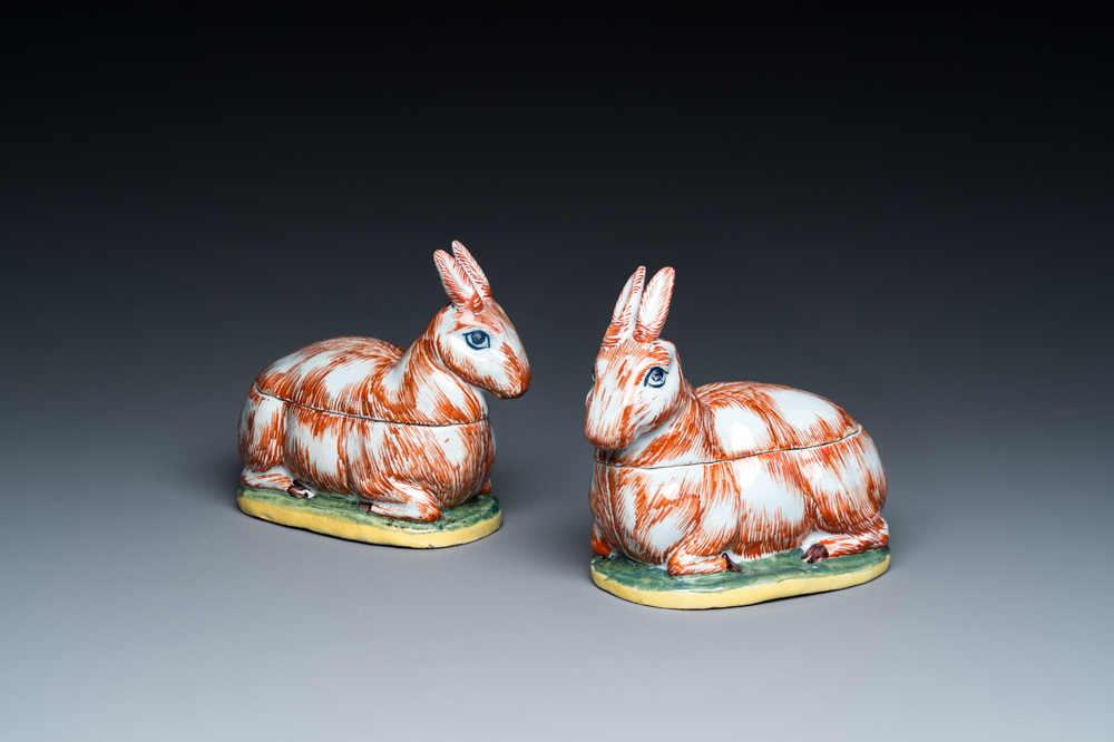 A pair of polychrome Dutch Delft 'hare' tureens and covers, 18th C.