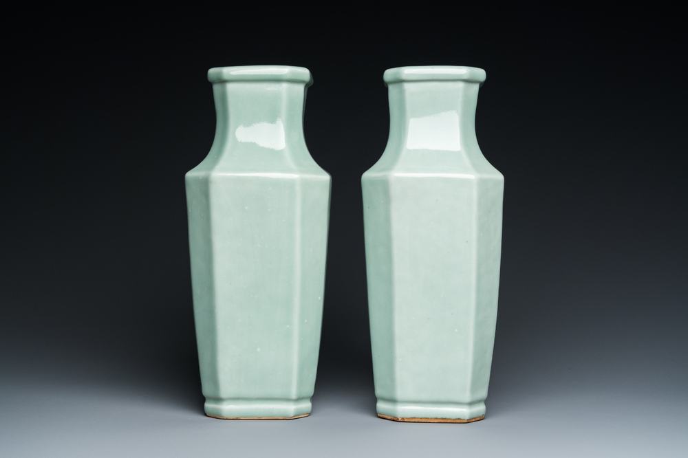 A pair of Chinese monochrome celadon-glazed vases, Xuantong mark 