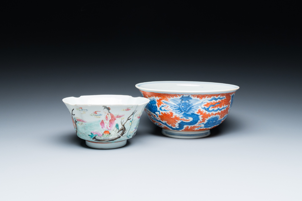 A Chinese blue, white and iron-red 'dragon' bowl and a famille rose 'immortals' bowl, Jiaqing and Wanli mark, 19th C.