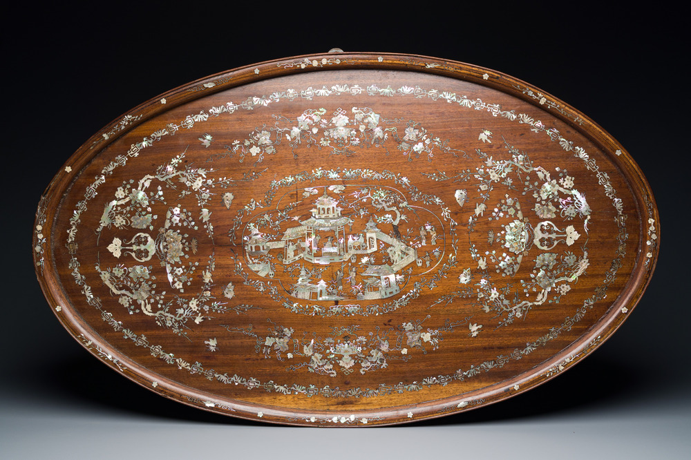 An extremely large Chinese mother-of-pearl-inlaid wooden tray with a central pavillion design, 19th C.