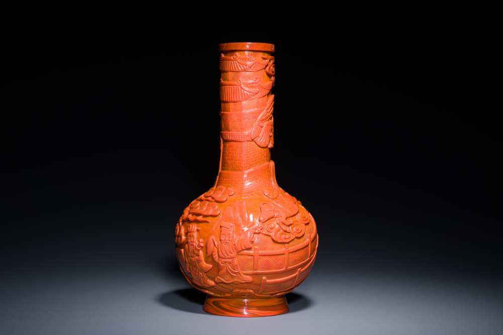 An unusual Chinese coral-red Peking glass bottle vase, Daoguang mark and probably of the period