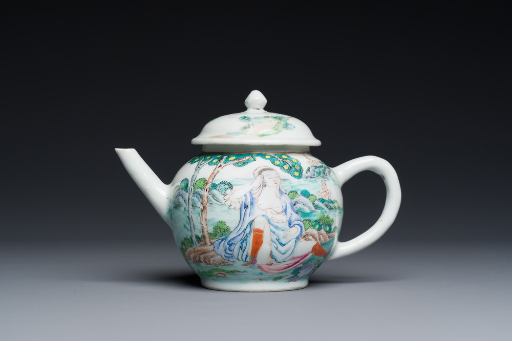 A rare Chinese famille rose teapot with an erotical depiction of a European lady, Yongzheng