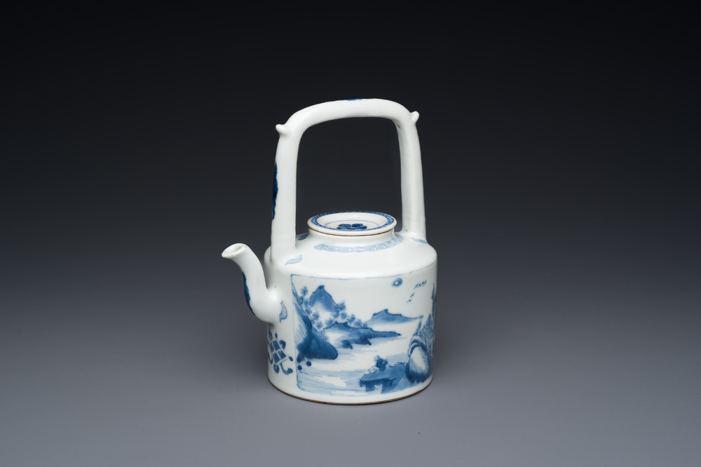 A Chinese blue and white teapot with a fine landscape, Chenghua mark, Kangxi