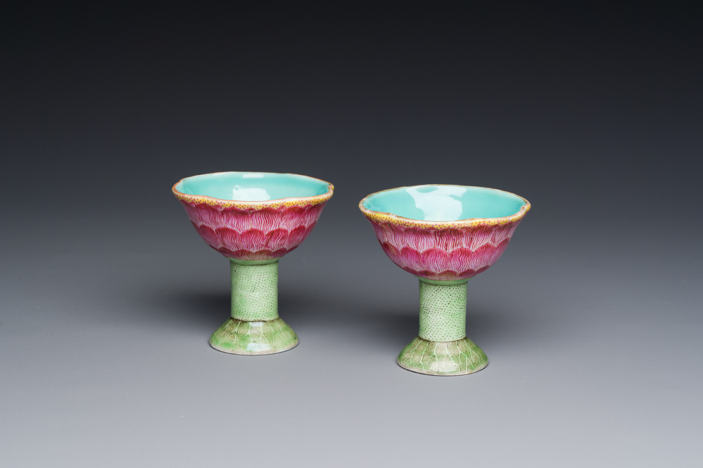 A pair of rare Chinese famille rose lotus-shaped stem cups, Yongzheng