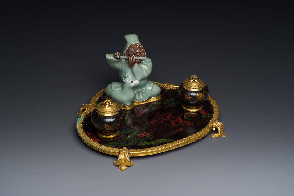 A French lacquered and painted wood, gilt bronze and Japanese celadon porcelain inkwell desk set, late 18th C.