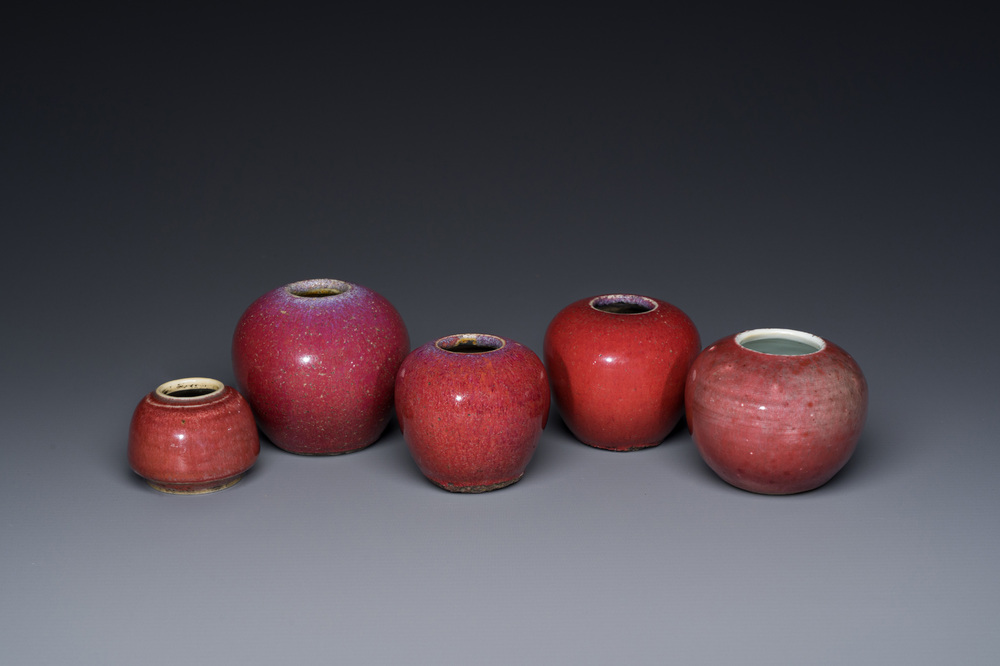 Five Chinese copper-red and flamb&eacute;-glazed water pots, 19th C.