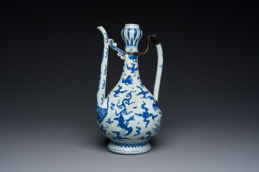 A Chinese blue and white jug with cranes among clouds, Chang Ming Fu Gui 長命富貴 mark, Ming