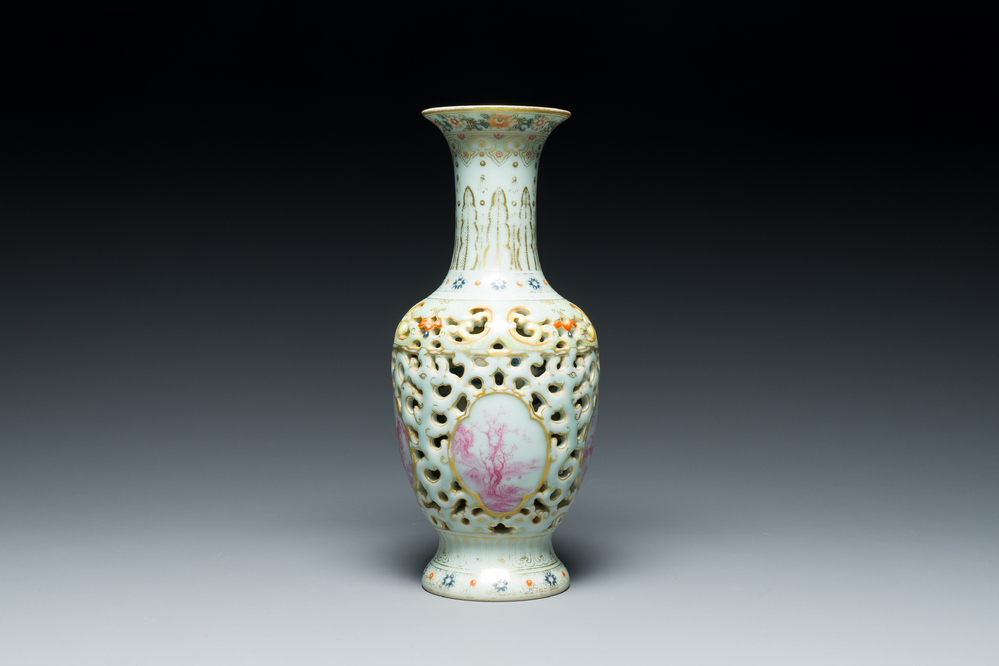 A Chinese famille rose reticulated double-walled vase, Qianlong mark, Republic