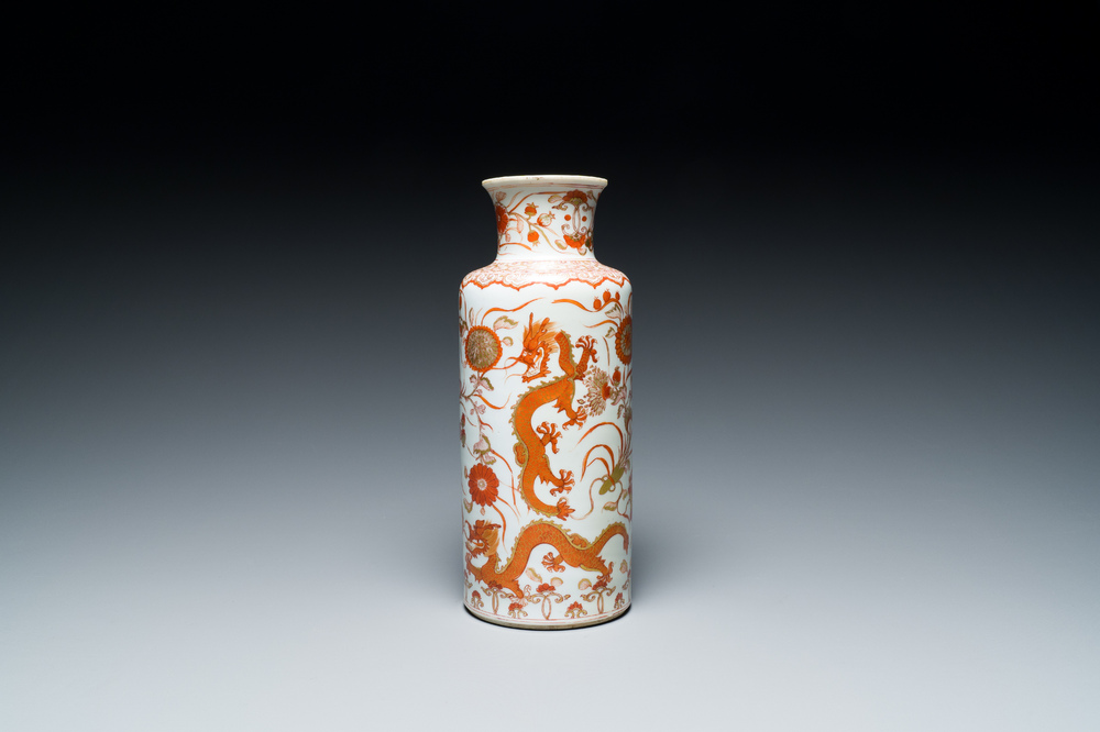 A Chinese iron-red and gilt rouleau 'dragons' vase, Kangxi