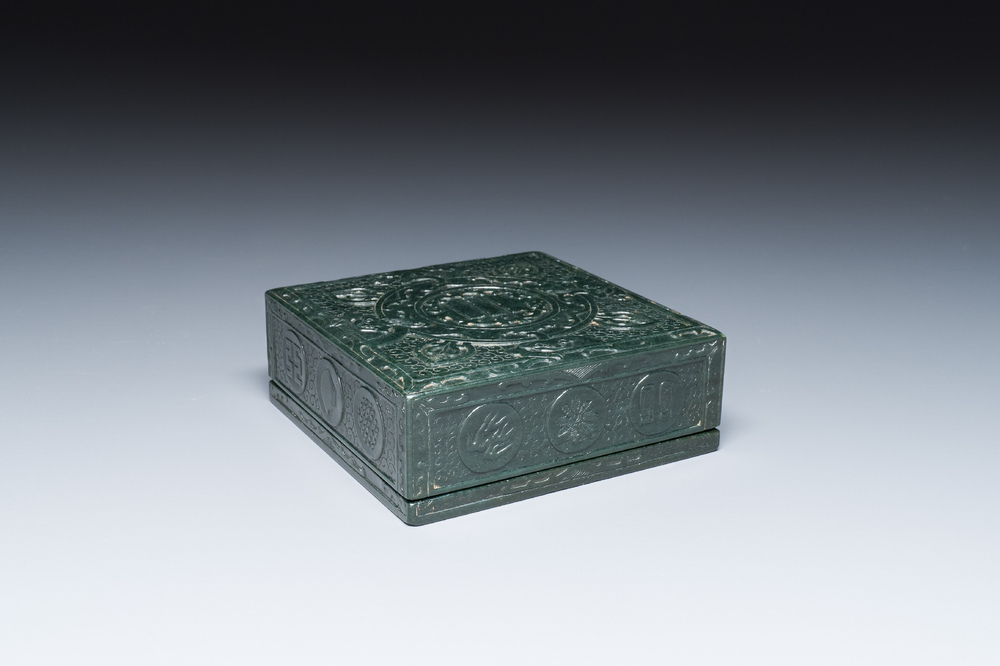 A square Chinese spinach jade box and cover, 19th C.