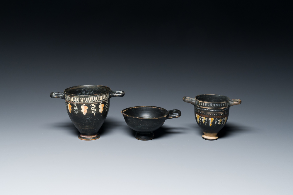 Three black-glazed Roman pottery wares, Southern Italy, ca. 4th C. b.C.