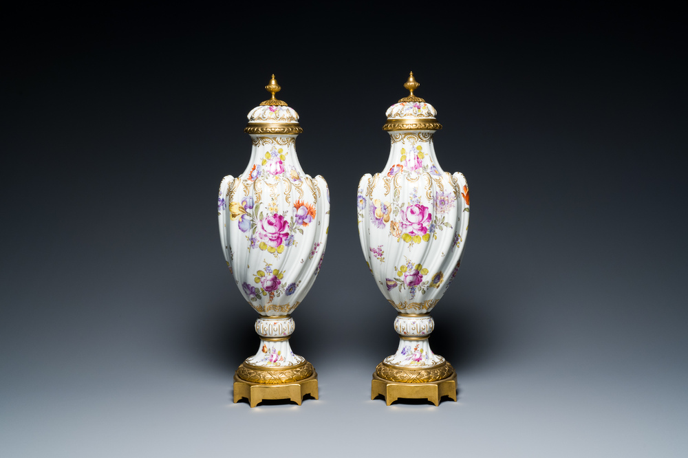 A pair of polychrome H&ouml;chst porcelain vases with gilt-bronze mounts, Germany, 19th C.