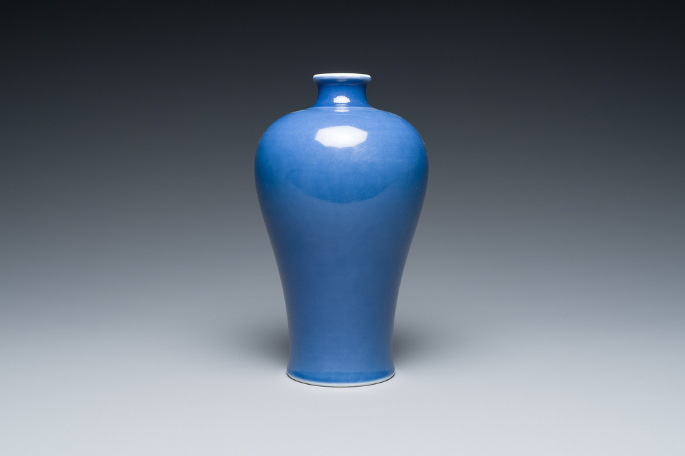 A Chinese monochrome blue-glazed vase, 'meiping', Qianlong mark, Republic