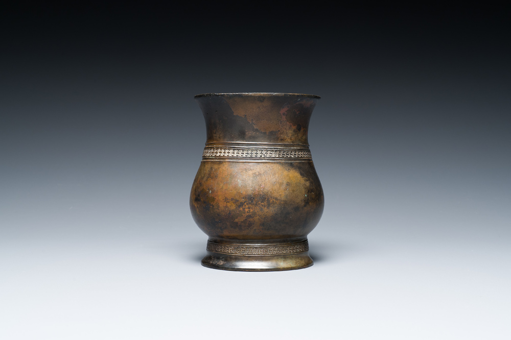 A Chinese inscribed archaic bronze ritual wine vessel, 'zhi', late Shang dynasty