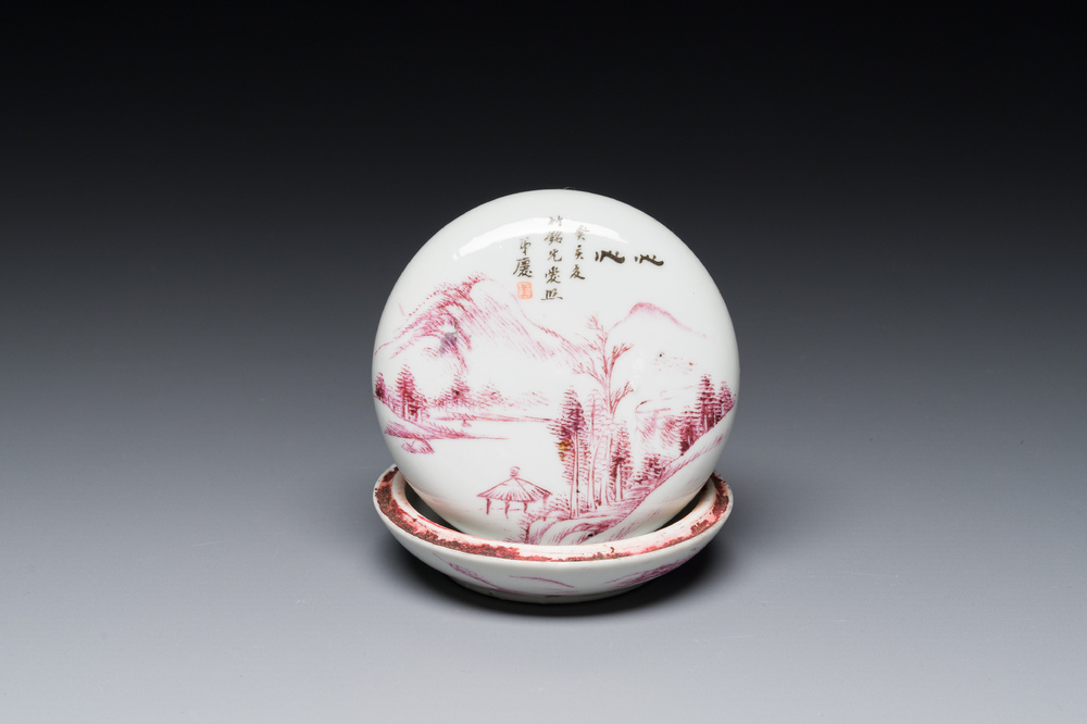 A Chinese purple-decorated seal paste box and cover with a landscape, signed Qing 慶, Mei 美 seal mark, dated 1923