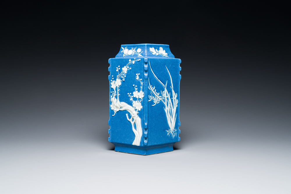 A rare Chinese lozenge-shaped blue-glazed vase with applied floral design, Qianlong mark, Republic