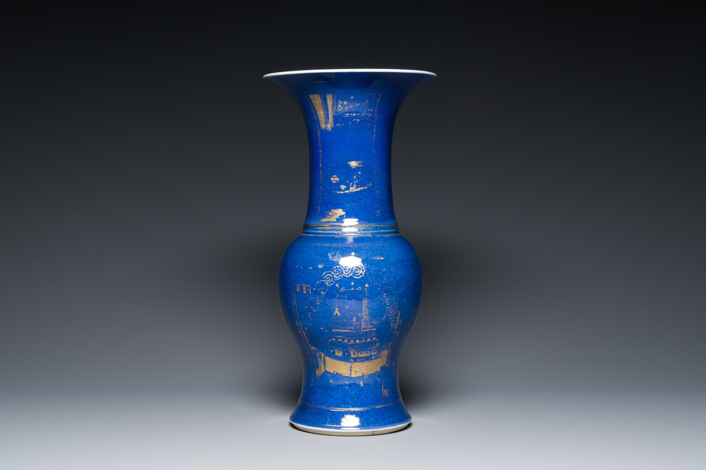 A Chinese gilt-decorated powder-blue 'yenyen' vase, Kangxi