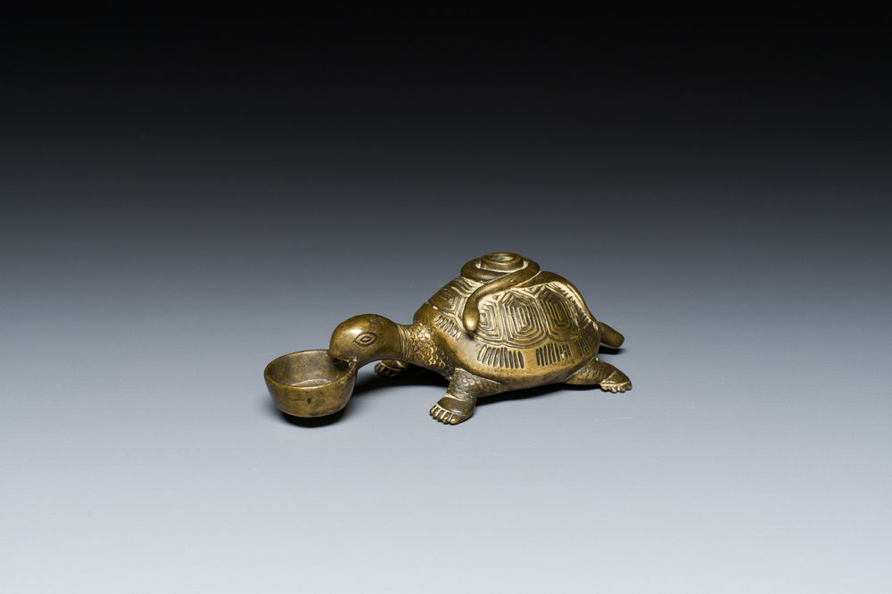 A Chinese inscribed gilt bronze &lsquo;turtle and snake&rsquo; water dropper, probably Qing