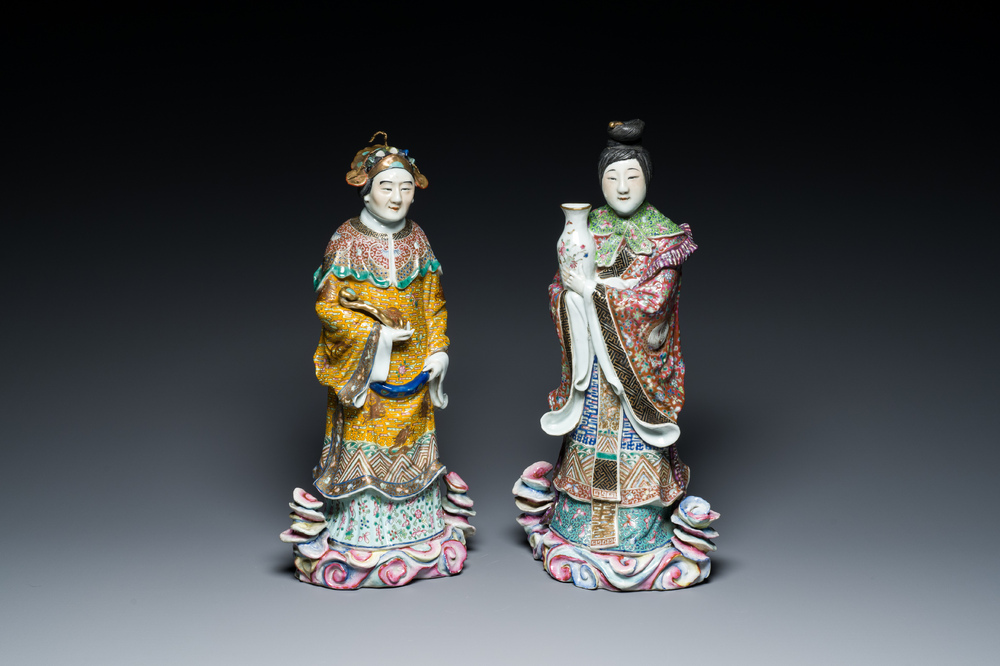 Two Chinese famille rose figures of ladies, Fu Jian Hui Guan You Chang Zi mark, Republic