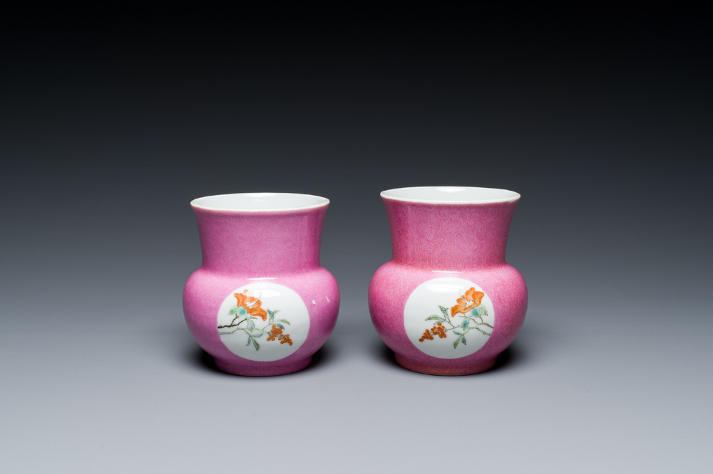 A pair of Chinese pink-ground famille rose spittoons, 'zhadou', Hongxian mark, Republic