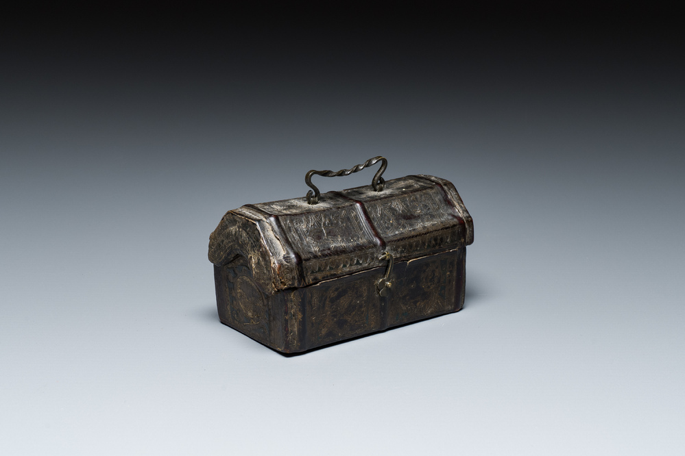 A French cuir-bouilli and iron-banded wooden casket with two portraits of half-figures, 15th C.