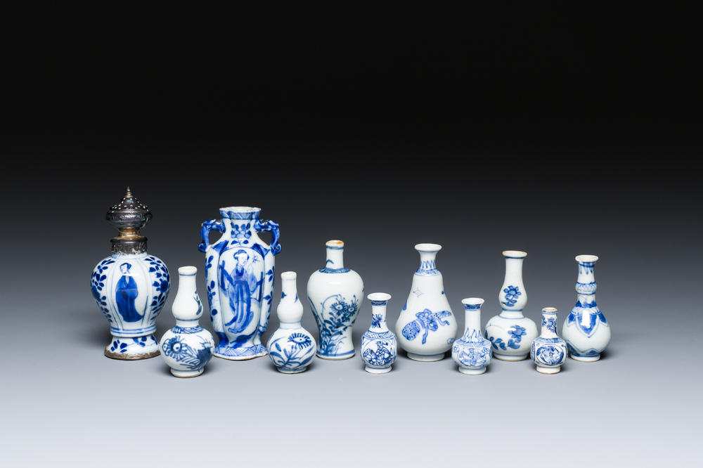 Eleven Chinese blue and white miniature vases, Kangxi