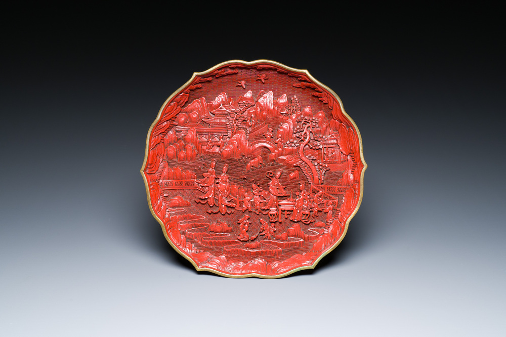 A Chinese red cinnabar lacquer lotus-shaped dish, Qianlong mark, probably Republic