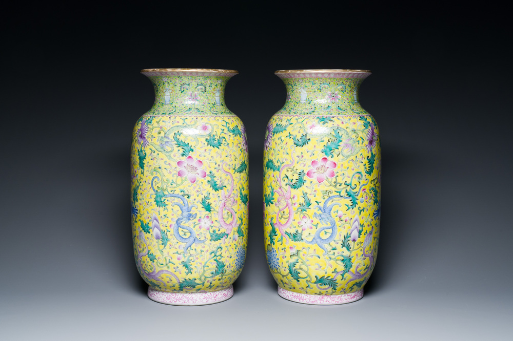 A pair of Chinese famille rose yellow-ground 'dragon' vases, Qianlong mark, Republic