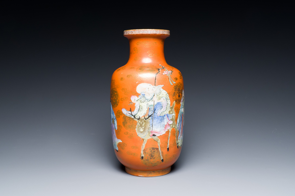 A Chinese famille rose coral-red-ground 'Immortals' rouleau vase, Qianlong mark, Republic