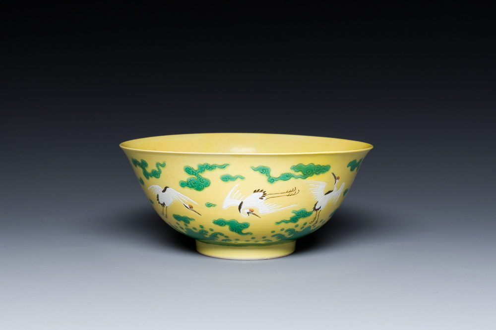 A Chinese yellow-ground 'cranes' bowl, Yongzheng mark and probably of the period