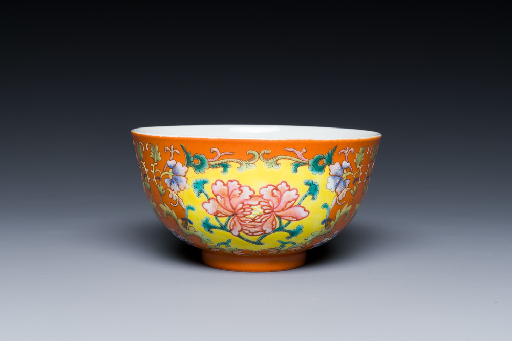 A Chinese coral red-ground imperial style falangcai bowl, Republic