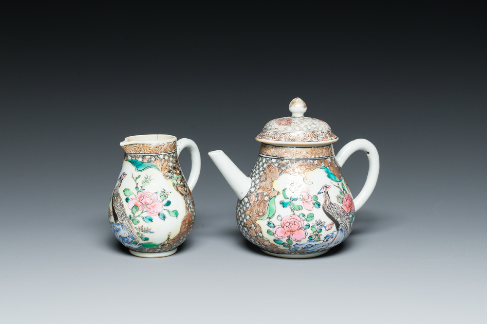 A Chinese famille rose 'pheasants' teapot and milk jug, Yongzheng