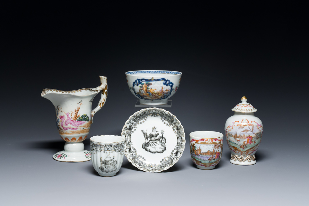 Zes stukken Chinees famille rose en grisaille exportporselein, Qianlong