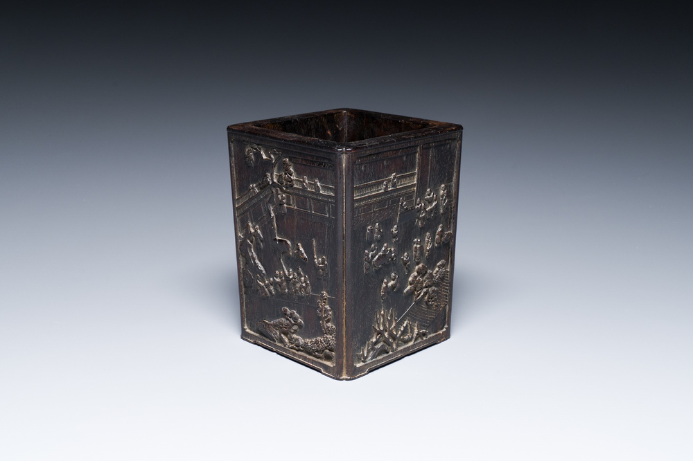 A Chinese square zitan wood brush pot with narrative design, 19th C.