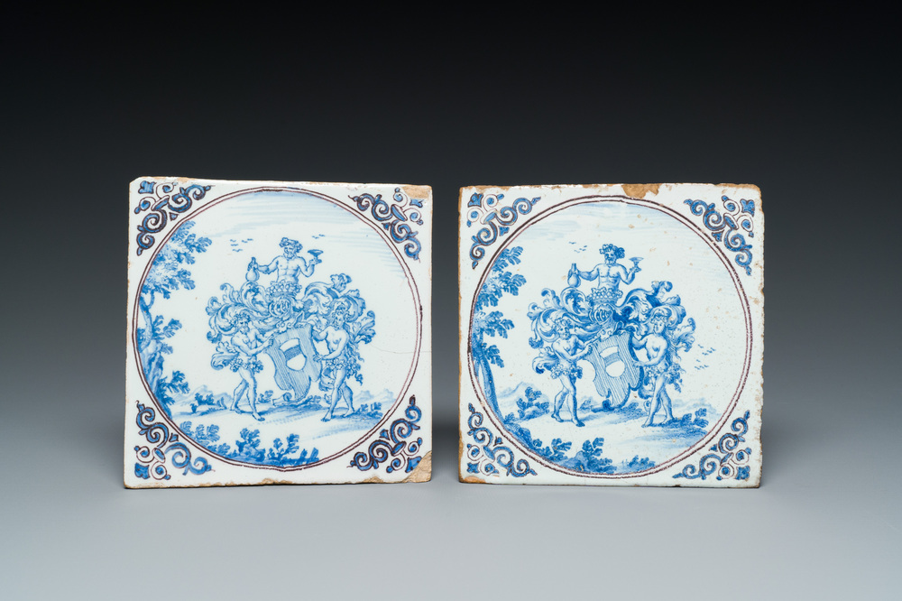 A pair of exceptional French faience armorial tiles, Montpellier, 17th C.