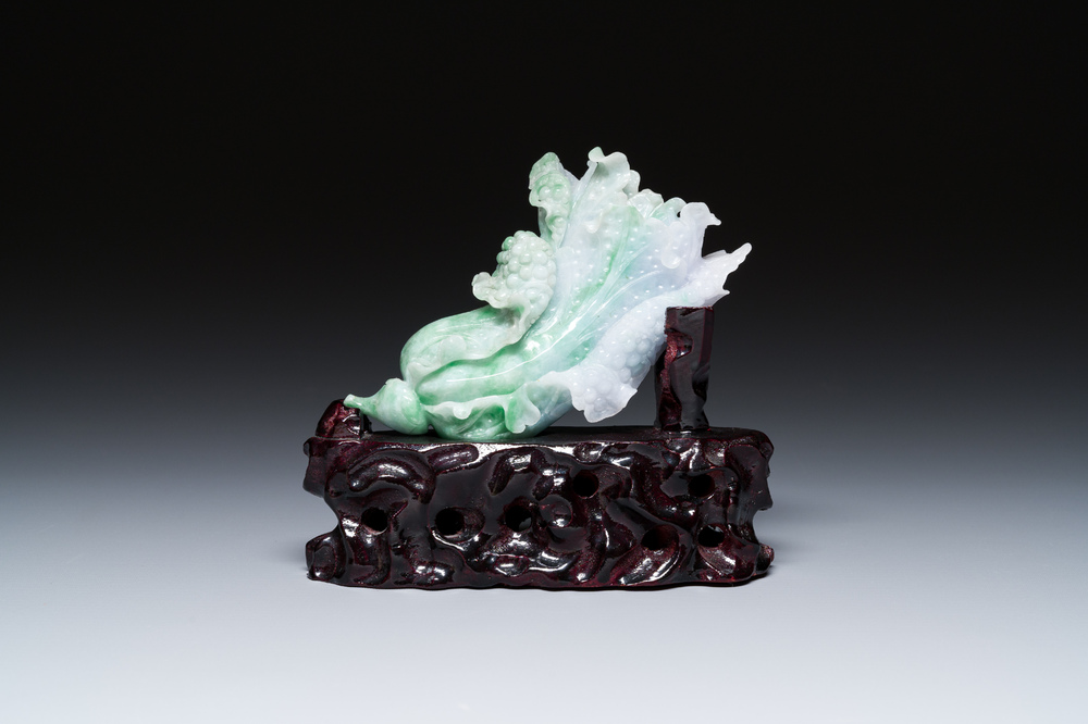 A Chinese jadeite carving of a cabbage on wooden stand, Republic