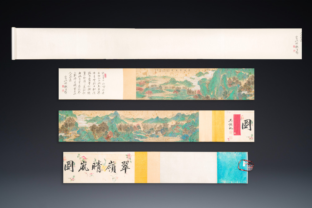 Xu Yang 徐揚 (1712-1777) en Wu Hufan 吳湖帆 (1894-1968): : 'Berglandschap, gedateerd 1755, met latere kalligrafie, inkt en kleur op zijde